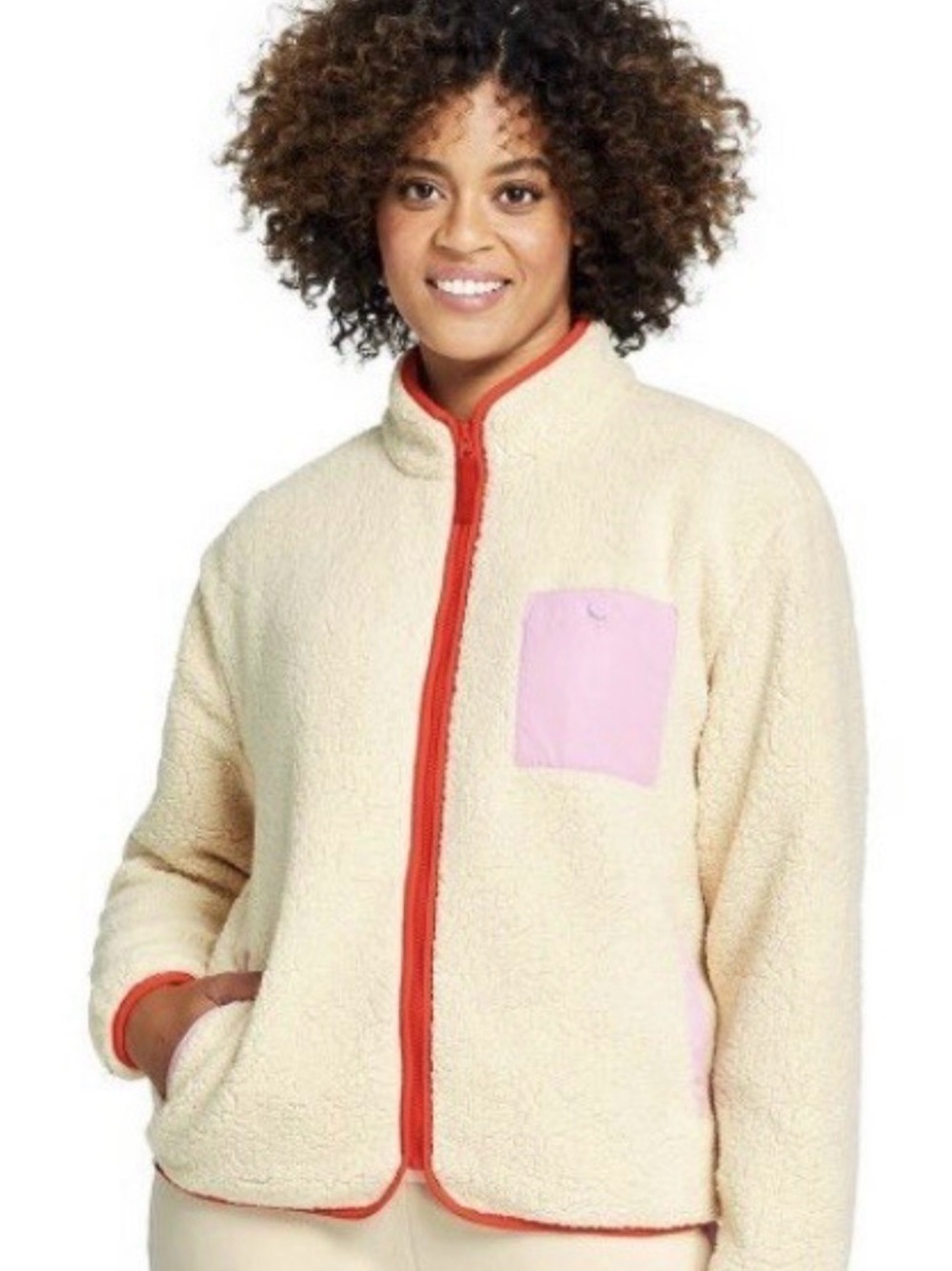Lego Cream Sherpa Jacket with Pink Pocket and Coral Trim